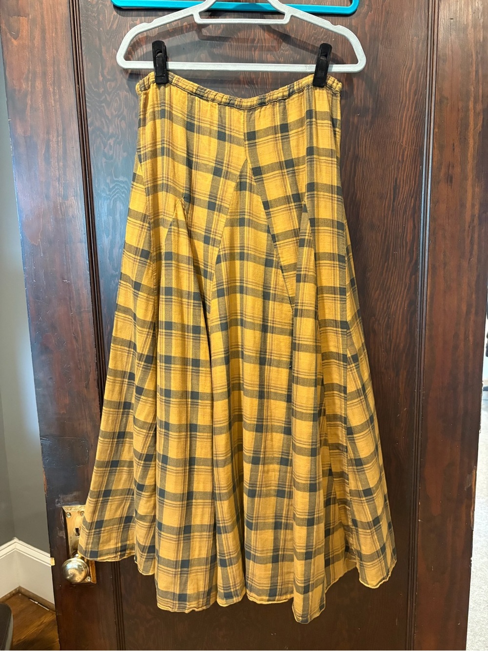 Free People Yellow and Gray Plaid Full Midi Skirt